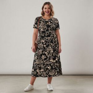 NEW Johnny Was 3X Black Floral Knit Midi Wrap Dress Plus Size Short Sleeve